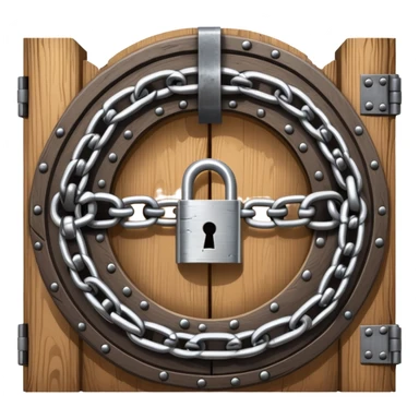 A heavy metal chain wrapped around a round wooden door with a padlock securing it sticker