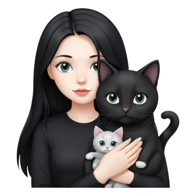 beautiful girl with long black hair wearing a black shirt holding a silver-colored cat sticker