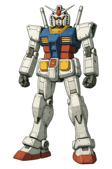 Gundam robot, standing upright, neutral stance, no dynamic pose, detailed mechanical design, white, blue, red, and yellow color scheme, no background sticker