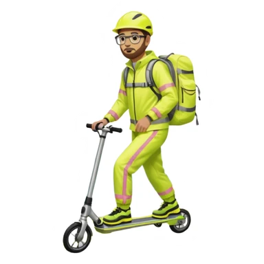 Man wearing a neon yellow high-vis waterproof suit with reflective stripes, carrying a large hiking backpack, standing on a stunt scooter. He has short brown hair, a trimmed beard, glasses, and is by the sea on a concrete platform. sticker