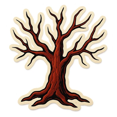 creepy tree with long thin branches, brown-red cracked bark, sharp black outlines, clear shadows and highlights, retro stickers style, no gradients, intimidating look sticker