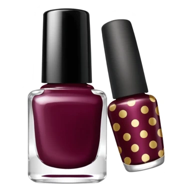 burgundy nail polish bottle, nail polish has light gold iridescence, cap is black with white polka dots, cinematic emoji sticker