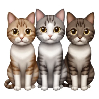 3 different coloured short haired cats including; a dark brown tabby and white cat, and a dark grey and white  sticker