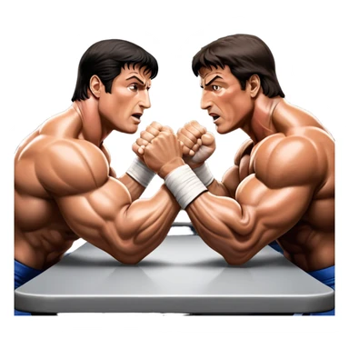 Iconic scene from the movie Over the Top, featuring Sylvester Stallone in a fierce arm wrestling match, symbolizing powerlifting. Stallone flexes his muscles while gripping the arm of his opponent, the intense battle for strength showcased with dramatic lighting. Transparent background. sticker