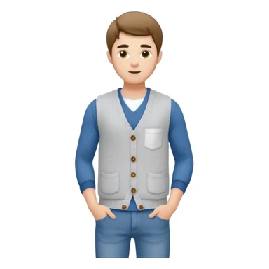 Молодой человек. Он одет в светлый вязаный жилет с V-образным вырезом поверх белой длинной рубашки с длинными рукавами. На нем также синие джинсовые брюки с большими накладными карманами. Фон минималистичный, светло-серый, с простым дизайном, подчеркивающим одежду и позу модели. sticker