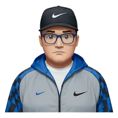50-year-old heavyset man with very wide face and prominent square jawline wearing a black Nike baseball cap with visible Nike swoosh logo. Large dark square glasses. Serious-relaxed expression. Light gray jacket that fits his larger frame, white shirt with blue checkered pattern. sticker