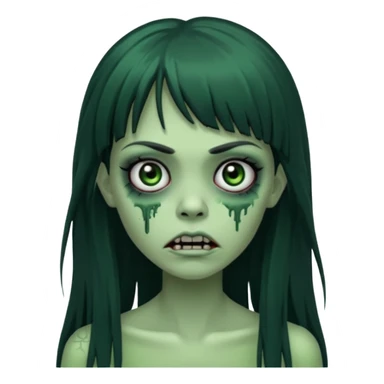 queria um emoji de zumbi verde de uma garota, olhos pretos, cabelos escuros e longos, com uma franja acima da sobrancelha  sticker