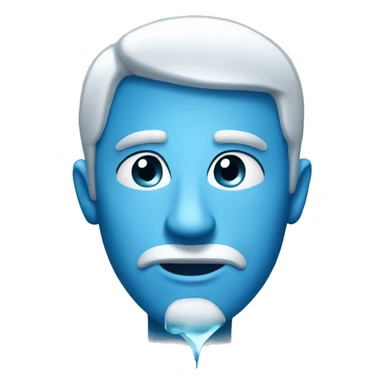 Generate a picture: In the style of an iOS emoji face , A blue face with ice on it, looking to the side deviously, with a small smirk smile, no nose, plain background sticker