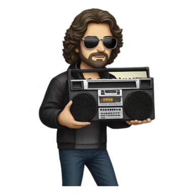 Vangelis holding up a boombox sticker