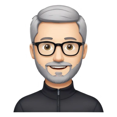 Caucasian man with very short cropped black hair, short beard with noticeable gray hairs, large black eyeglasses, cheerful expression, black athletic long sleeve shirt with quarter zip collar sticker