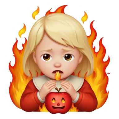 apple style emoji of a sad small child surrounded by flames sticker