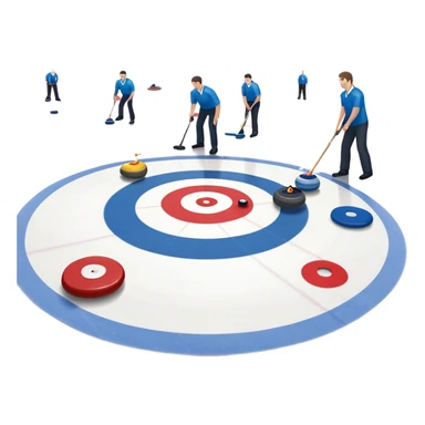 An icon showing a curling match on an indoor ice stadium, with a polished curling stone gliding toward the target and players sweeping. Spectators watch from stands, and flags hang above the rink. Transparent background highlights strategy and focus in the sport of curling. sticker