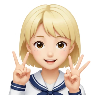Energetic anime girl with short blonde hair wearing Japanese sailor style school uniform, winking and making double peace signs, very cheerful and bubbly, kawaii style sticker