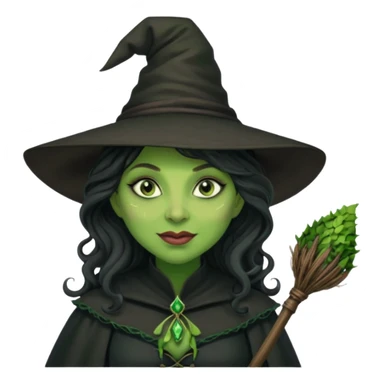 elphaba the wicked witch from wicked movie (cynthia erivo) dark long curly hair, thick lips, green skins, witch hat, witch broom, evil, wicked musical film, smirk sticker