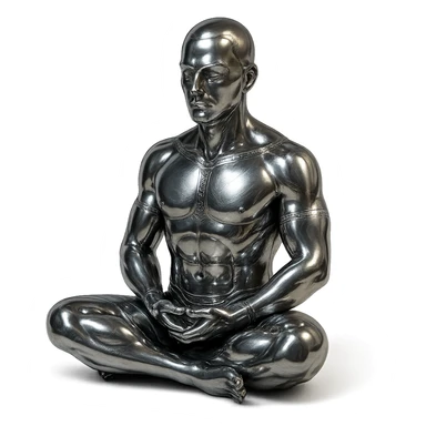 stylized chrome statue of a man meditating in the lotus position, futuristic and polished sticker