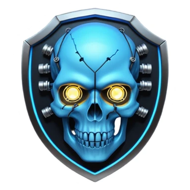Cyberpunk shield, skull with cybernetic implants, glowing wires, dark electric blue and black tones, no background sticker