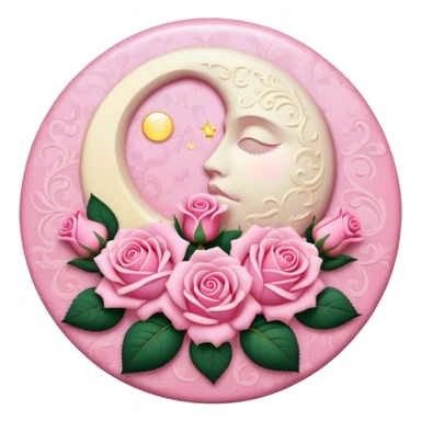 A round pink button with a light cream full damask moon and pink roses in the center sticker