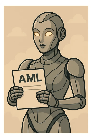 Update the futuristic robot to have a more feminine appearance, holding a document marked 'AML', in a sleek, professional style. sticker