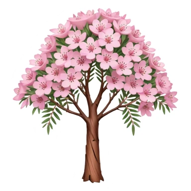 Cinematic Realistic Melaleuca Emoji, Elegant and resilient, with peeling, papery bark and delicate, needle-like leaves. The tree stands tall and graceful, with clusters of white and pink flowers dotting the branches. Soft glowing outline, capturing the essence of natural elegance and resilience in a beautiful melaleuca tree! sticker