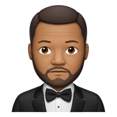 Laurence Fishburne with dark brown hair and short beard, black suit with bow tie sticker