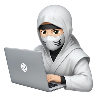 Ninja wearing white cloth without covering the head only covering the face working with laptop laptop should be center and back of the laptop ninja is working the laptop logo is dollar symbol sticker