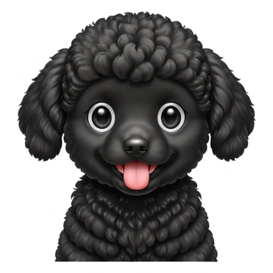 A high-resolution square-format digital illustration of a black poodle puppy in a clean, emoji-inspired semi-realistic style. The poodle is shown from the chest up, facing forward with a slight tilt of the head to the left, tongue out playfully. sticker