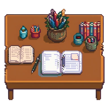 a table with paper, pens, and homeschool books, pixel art style sticker