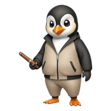 friendly anthropomorphised penguin wearing a mafia-style tracksuit, holding a cigar, secretive scheming pose, angry expression, walking with determined stride sticker