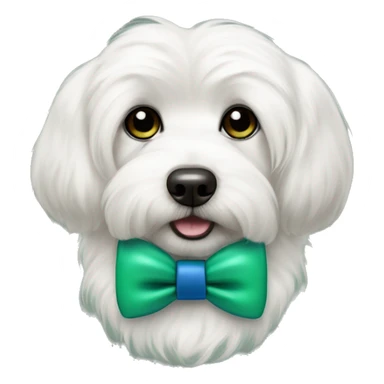 White coton de tulear dog with black ears wearing a green and blue bow tie sticker