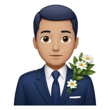Homme avec bouquet fleurs blanches, avec uniforme bleu foncé cravate rouge, arabe raie sur le côté sans chapeau juste insigne sans bouton manchette et un peu bronzé sticker