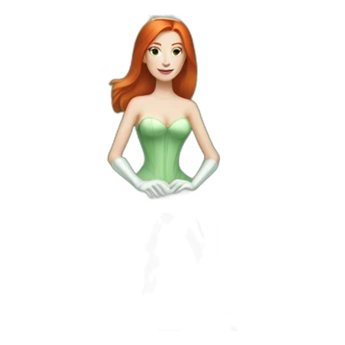 white skin redhead queen with straight hair wearing white gloves on her throne, wearing a green dress sticker