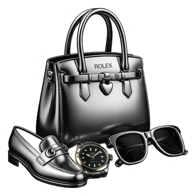 Make the shoes and the bag white and black chrome, keep the watch black and gold chrome, and the glasses black and gold chrome. All items should be in 3D chrome style, highly reflective and metallic, no background. sticker