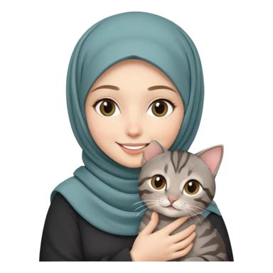 White girl wearing hijab smiling while holding a black grey tabby cat sticker