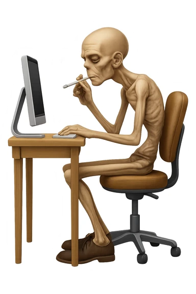 A very thin, emaciated, hunched man sitting on a chair at a computer, side view, holding a cigarette in hand, in emoji style with transparent background. sticker