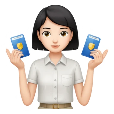 A young guide with short black hair and fair skin is wearing a white shirt, showcasing her license with both hands, which is horizontal. sticker