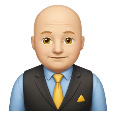 bald, fat European boss emoji with gentle smile, yellow tie, and vest sticker