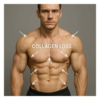 young 25-year-old bodybuilder with low collagen levels, hyper realistic style, well visible muscles, skin with fine wrinkles, arrows showing collagen loss, neutral atmosphere sticker