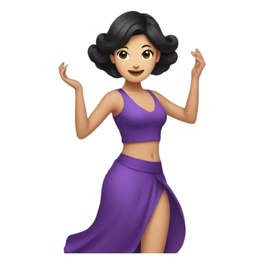 illustrated logo, kawai woman, dancing, purple clothing, black hair, bright eyes sticker