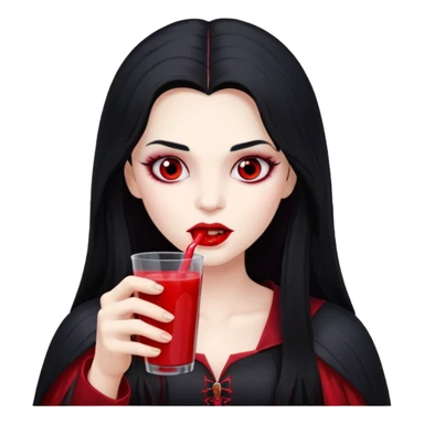 vampire using a juice box, long hair, red juice sticker