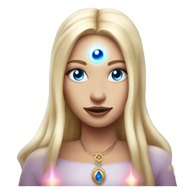 magical diva with thin pink andromedan face long blonde hair and blue eyes glowing third eye sticker