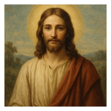 classic depiction of Jesus with gentle expression, halo, flowing robes, serene background sticker