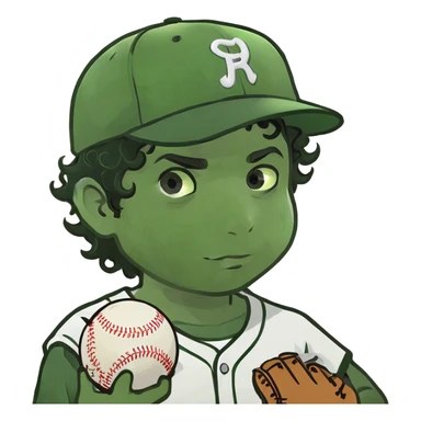 Brown skin boy black curly hair with a baseball  sticker