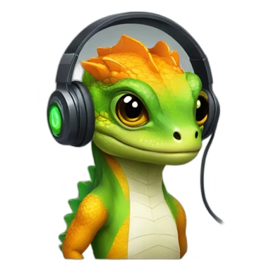 lizard wear a gaming headset looking like game developer sticker