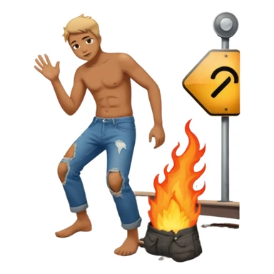 man rubbing butt which is on fire on railway sticker