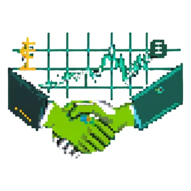 icon representing new economic politics with abstract symbols like currency, graphs, and handshake sticker