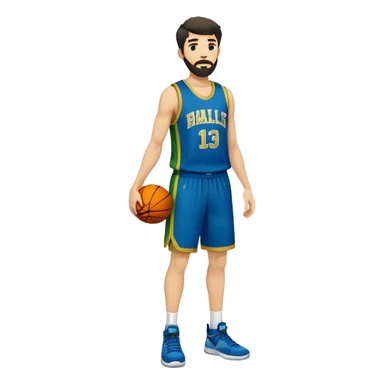 Full Body  white male basketball player with short shaggy dark hair and gold tee beard wearing blue and green uniform sticker