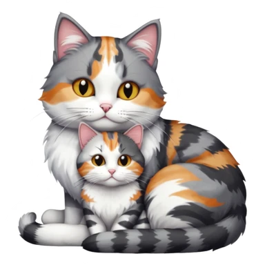 full body colourful light patched calico + white tabby cat cuddling a bigger cat that is dark grey and white tabby cat  sticker