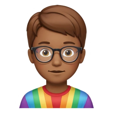A nerd kid with glasses a brown side part and a rainbow shirt sticker