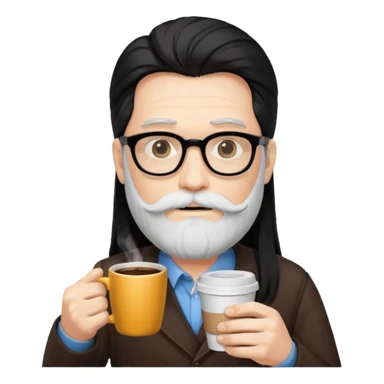 men with white bearded long black hair  with opticals  on holding coffee cup sticker