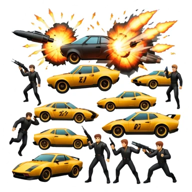 Photorealistic Icon for Action Movies: Close-up Dynamic collage of iconic action movie scenes featuring explosions, fast cars, combat, and weapons. Include silhouettes of famous action heroes, dramatic lighting, and a sense of high-octane energy. Transparent background. sticker